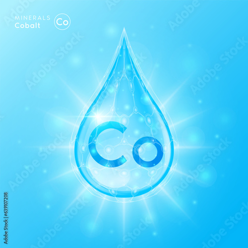 Essential cobalt minerals for health human body. Blue crystal mineral water drop natural shiny. For nutrition design ad dietary supplement pharmacy. Scientific medical concept. 3D Vector.