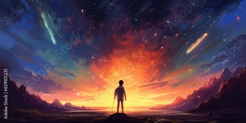 Night scenery of a boy looking the meteor in the colorful sky, digital art style, illustration painting