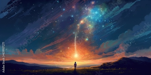 Night scenery of a boy looking the meteor in the colorful sky, digital art style, illustration painting