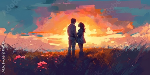 Couples embracing each other in love on the hill, digital art style, illustration painting