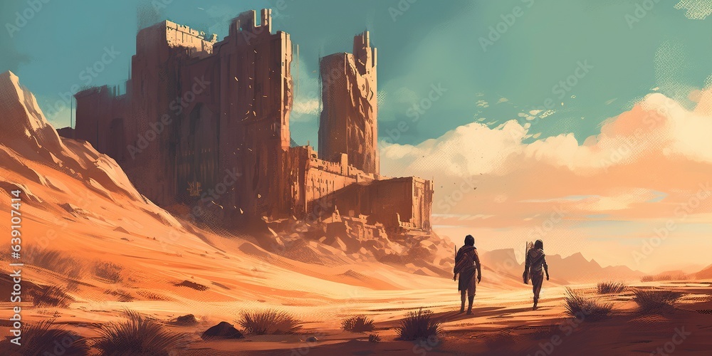 People walking through a desert to the mysterious building, digital art style, illustration painting - obrazy, fototapety, plakaty 
