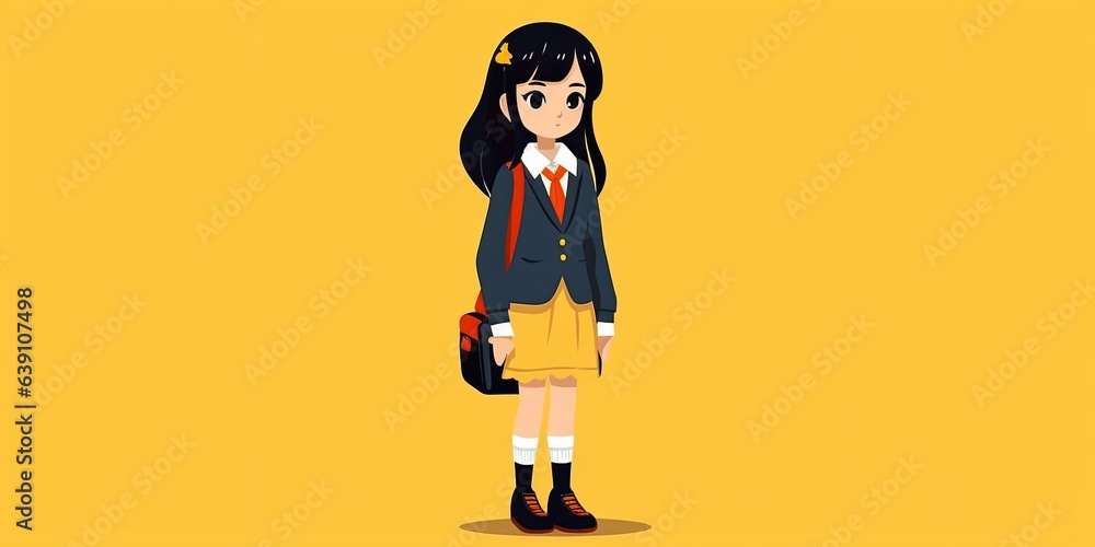 Retro anime girl with black hair in japanese school uniform. vector flat bright colors Retro anime girl with black hair in japanese school uniform. vector flat bright colors