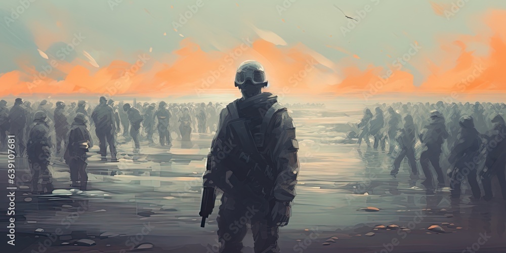 Surviving soldier face a crowd of ghosts on the beach, digital art style, illustration painting