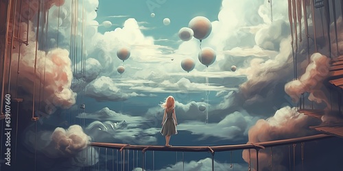 Surreal scenery showing the girl looking at mysterious things on clouds, digital art style, illustration painting photo