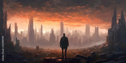 The man standing looking at the gigantic buildings towering beyond the shattered city. , digital art style, illustration painting