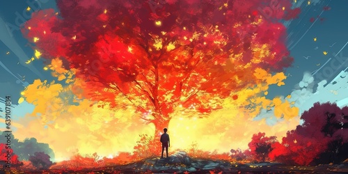 Travel man taking a photo at the tree with glowing leaves floating in the sky, digital art style, illustration painting