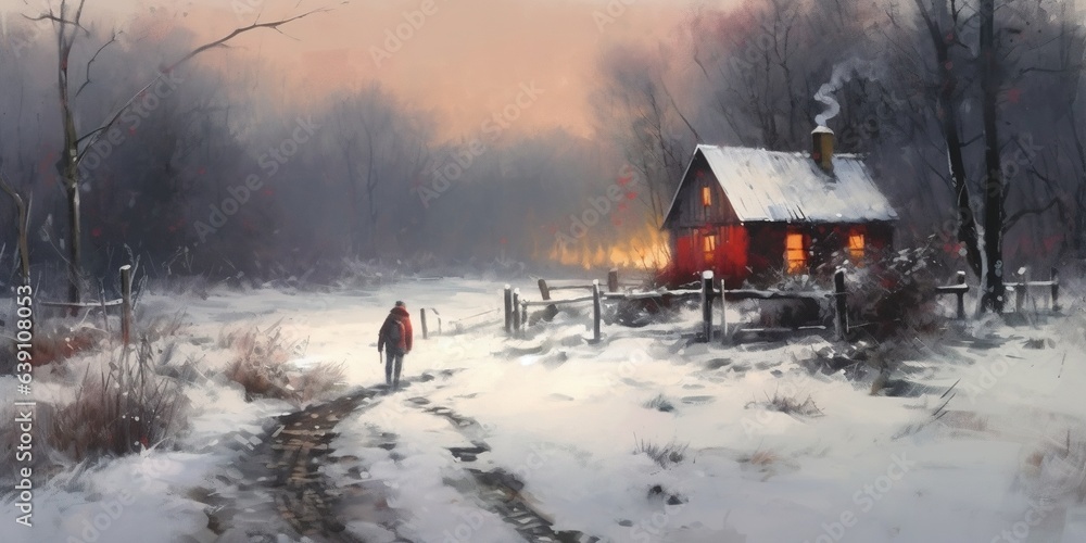 Winter landscape with snow storm and a man walking to the wooden house, illustration painting Winter landscape with snow storm and a man walking to the wooden house, illustration painting