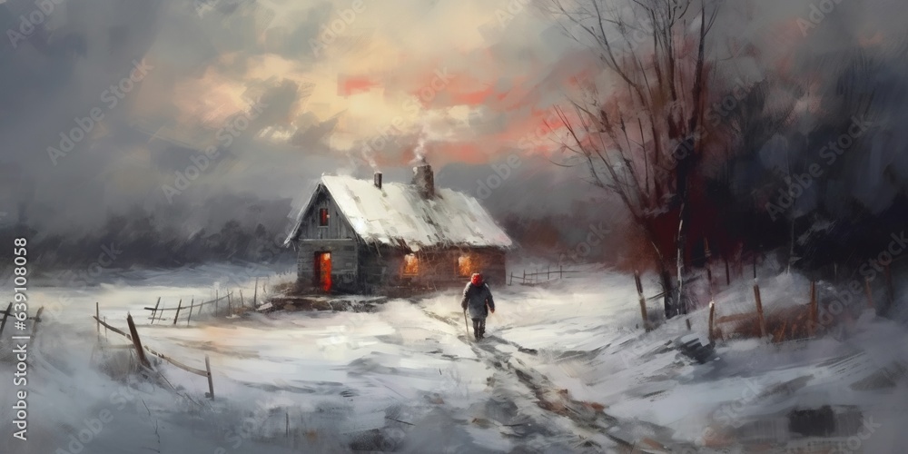 Winter landscape with snow storm and a man walking to the wooden house, illustration painting Winter landscape with snow storm and a man walking to the wooden house, illustration painting