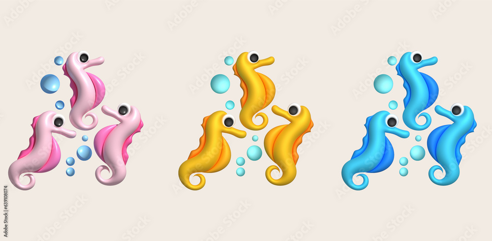 3D illustration Cute underwater animals sea ​​horse. minimal style.