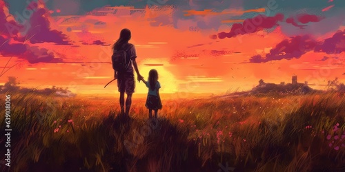 Waiting for you in a beautiful place. Woman and her child standing on the meadow looking forward at the horizon, digital art style, illustration © Svitlana