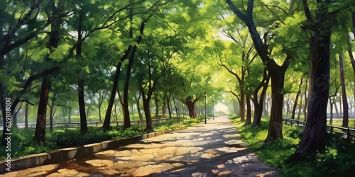 Walkway in green park with sunlight, illustration painting