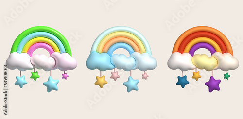 3D illustration Bright rainbows, clouds, and hanging stars. minimal style.