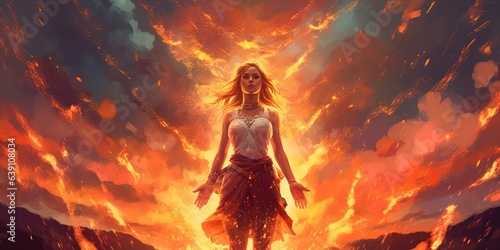 Warrior woman standing on the ground of fire watching the spirits float up in the sky, digital art style, illustration painting