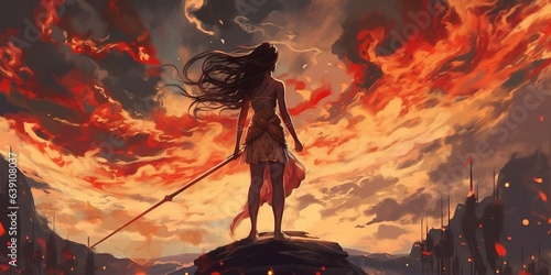 Warrior woman standing on the ground of fire watching the spirits float up in the sky, digital art style, illustration painting photo