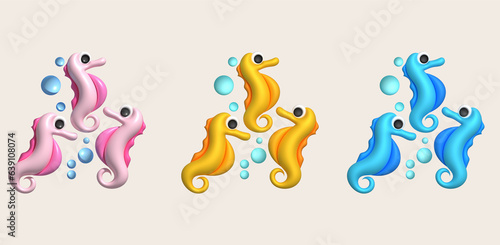 3D illustration Cute underwater animals sea       horse. minimal style.