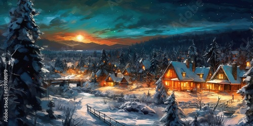 Winter landscape with village and fantasy trees at night, illustration painting