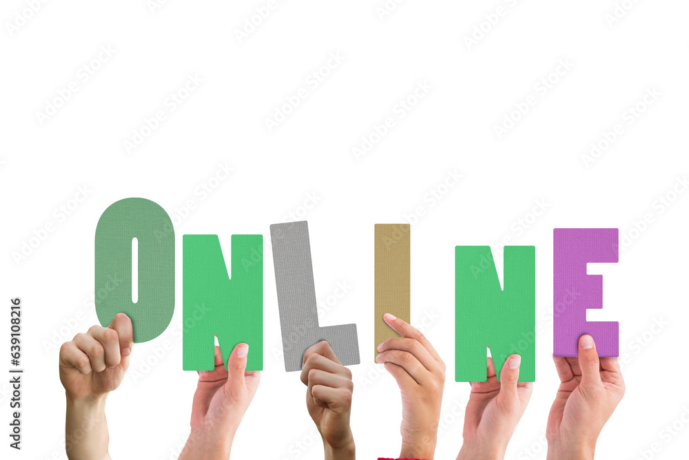 Digital png illustration of hands with online text on transparent background Digital png illustration of hands with online text on transparent background