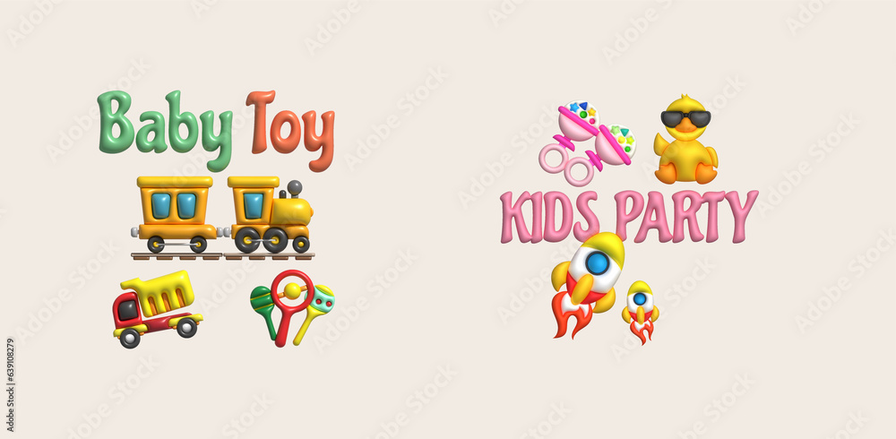 3D illustration letters baby toy kids party and children's toys.Kids toys minimal style. 3D illustration letters baby toy kids party and children's toys.Kids toys minimal style.