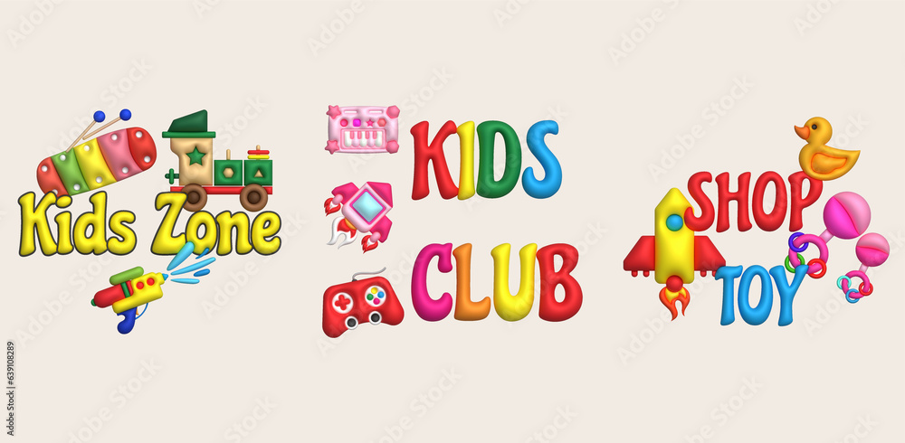3D illustration letters, kids club, kid zone, shoptoy and children's toys.Kids toys minimal style.