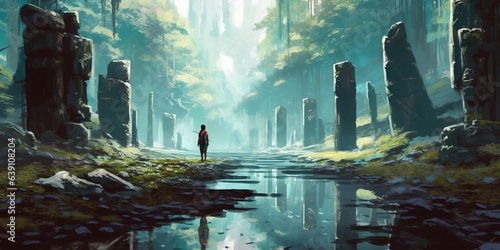 Woman walks on a branch on a stream and looks at the monoliths in the forest  digital art style
