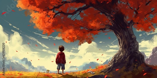 Young boy looking at the giant autumn tree at the horizon, digital art style, illustration painting