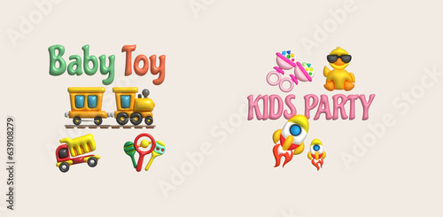 3D illustration letters baby toy kids party and children's toys.Kids toys minimal style.