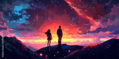 Young couple look at mysterious light in the night sky, digital art style, illustration painting
