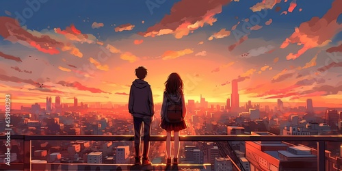 Young couple standing on the roof top looking at cityscape at sunset, digital art style, illustration painting