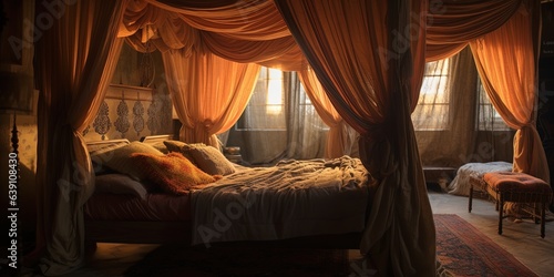 A bed sitting under a canopy in a room