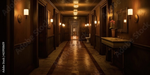A dimly lit hallway leading to a bathroom