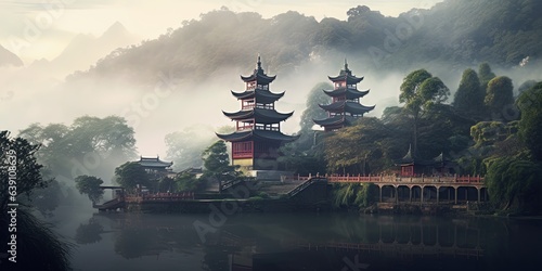 A foggy landscape with a pagoda in the distance