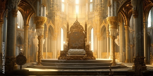 A golden filigree throne room in a medieval castle king sitting on the throne intricate designs