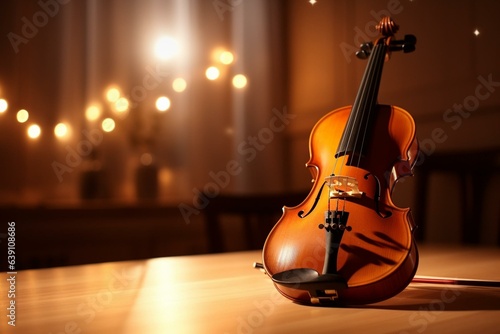 Close-up of violin on table with out-of-focus lights and wall. Generative AI
