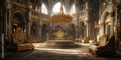 A golden filigree throne room in a medieval castle king sitting on the throne intricate designs the walls