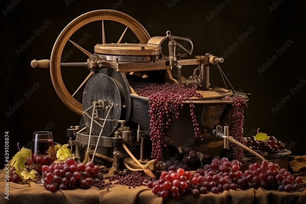 Traditional wine making with winepress, red must, helical screw, and grape must filtration. Generative AI - obrazy, fototapety, plakaty 