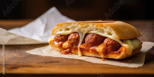A meatball sub sandwich with cheese and sauce on a piece of wax paper on a wooden surface