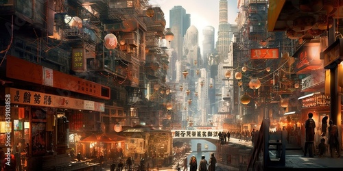 A modern asiatic city paitned in concept art, generative ai technology photo