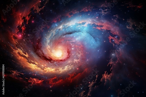 Spiraling galaxy swirls around a black hole amidst vortex of nebula, filled with vibrant stars and planets. Generative AI