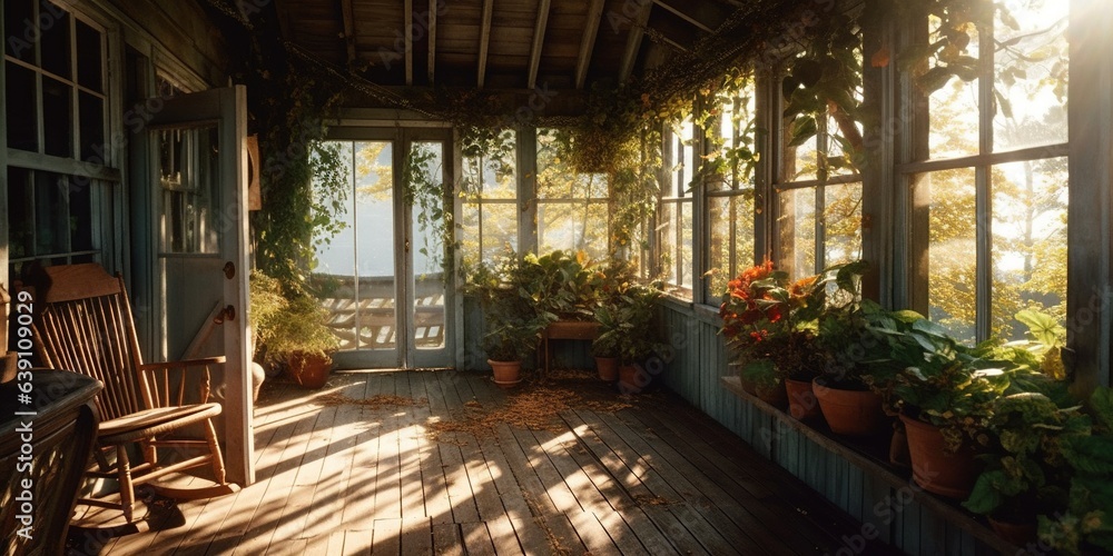 A Sun Lit Wooden Interior of the Porch of a House with Branches and Leaves on The Outside.