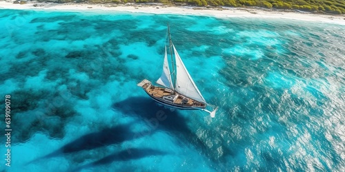 Aerial of Sailboat in Tropical Turquoise Waters in the Bahamas