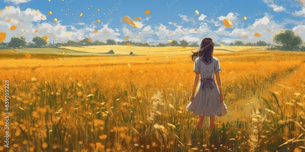 Fototapeta premium An anime girl standing in a big field of wheat, peaceful place, generative ai technology