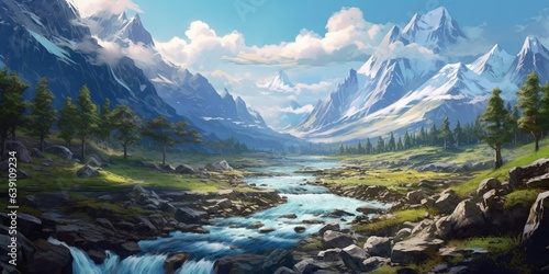 An anime landscape illustration of mountains and a big river