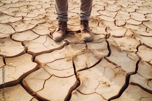 Feet of a farmer standing on parched landscape. Drought, disaster and crop failure - the feet of a farmer on cracked dry soil. His field is dry. Global warming.