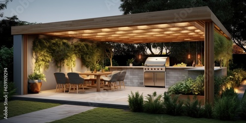 An outdoor entertainment area with a built - in barbecue and a bar setup © Svitlana