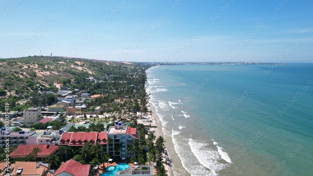 Aerial view of Swimming pool and the beach in the Phan Thiet resort, Binh Thuan Province, Viet Nam