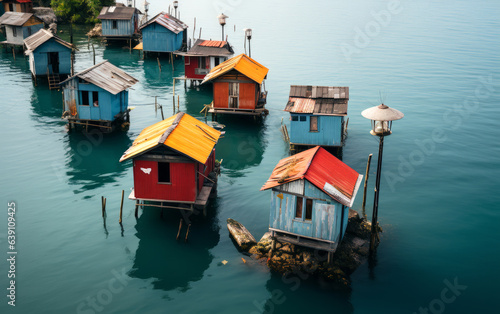 a top view of floating houses on sea