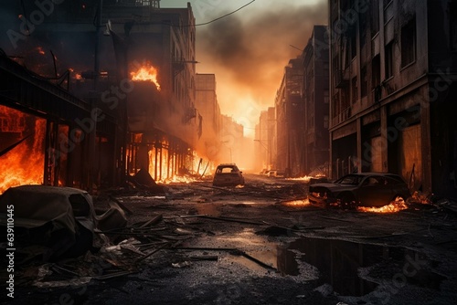 Dystopian urban scene ravaged by fire and explosions. Concept for a movie poster. Generative AI