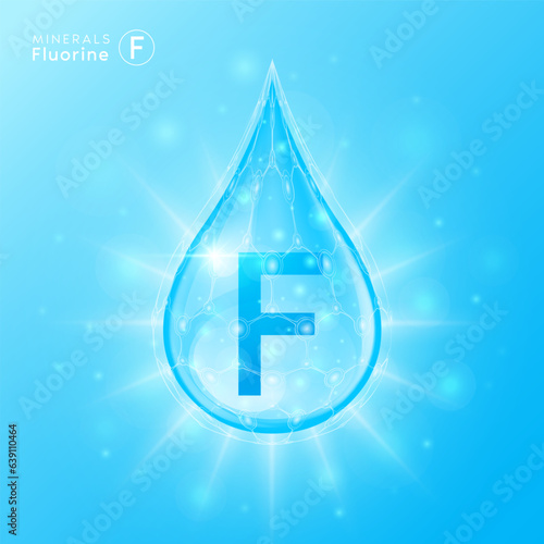 Essential fluorine minerals for health human body. Blue crystal mineral water drop natural shiny. For nutrition design ad dietary supplement pharmacy. Scientific medical concept. 3D Vector.