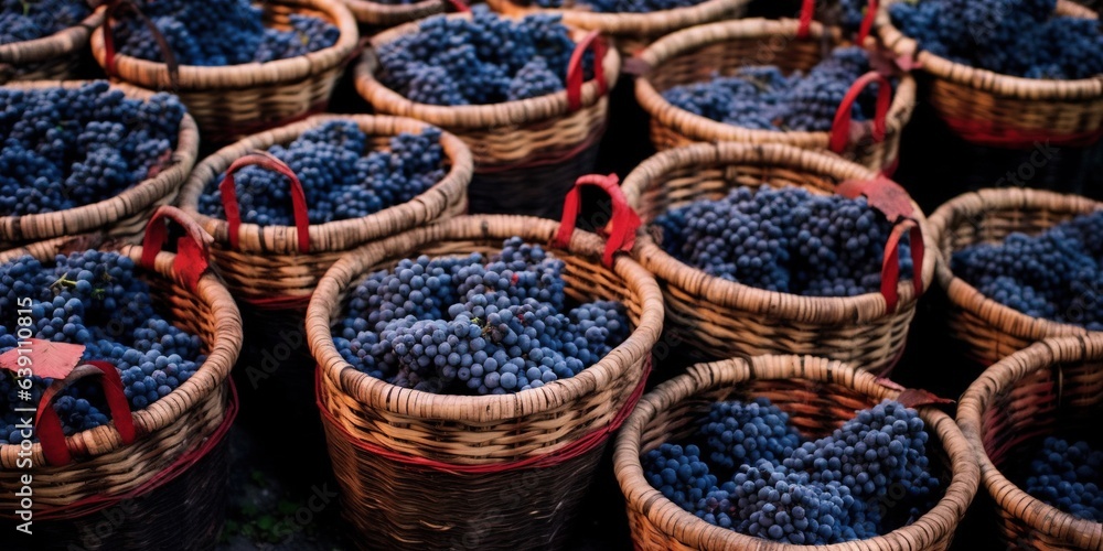 Baskets filled with Pinot Noir grapes in Burgundy, France.