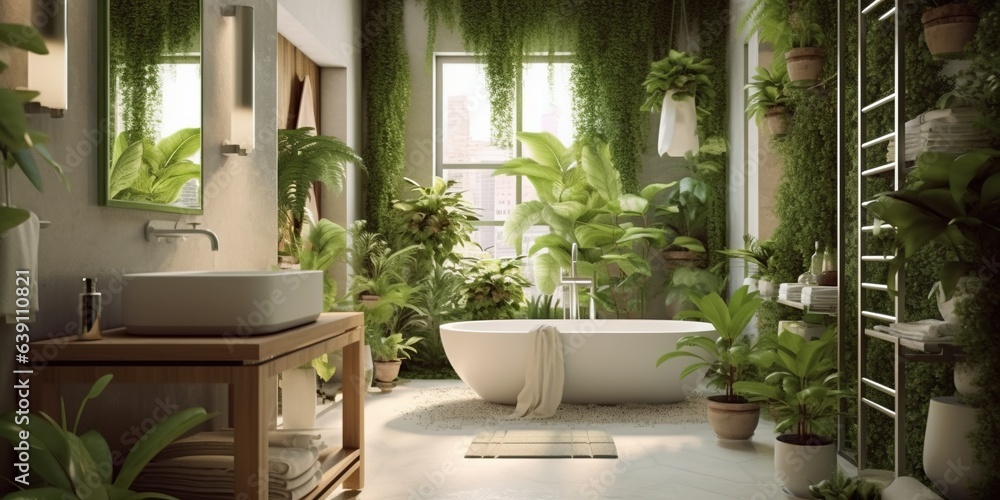 Bathroom interior decorated with green plants. Modern comfortable bathroom. Bathroom interior decorated with green plants. Modern comfortable bathroom.